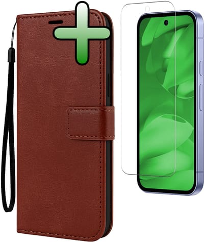 Hoesje Met Screenprotector - Geschikt voor Google Pixel 9a - Luxe Pasjeshouder - Bookcase Portemonee - Flip Case - Kunstleer Book Case - Flipcase - Book Cover - Walletcase - Portemonneehoes - Bruin