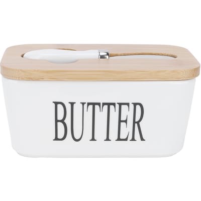 Beurrier avec couvercle en bois, boîte à beurre de cuisine scellée en céramique, plateau de rangement pour aliments