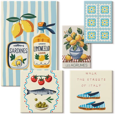 Wallfluent Set van canvas schilderijen - Keukeninspiratie uit Italië: citrusvruchten en zeevruchten Canvas Schilderijen Set - Set van 5 Canvas Schilderijen - Turkoois Set van Canvas Prints - Voedsel Canvas Kunst Set - Boheemse Canvas Kunst Set