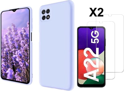 Hoesje Geschikt Voor Samsung Galaxy A22 5G Hoesje siliconen Lila zacht siliconen hoesje TPU backcover - Met Screenprotector - 2 stuks