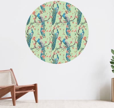 Muurcirkel zelfklevend behang - Pauw met tuinbloesem - Wanddecoratie - 080cm behangcirkel - Ronde sticker voor aan de muur - Behangsticker verkrijgbaar in verschillende formaten