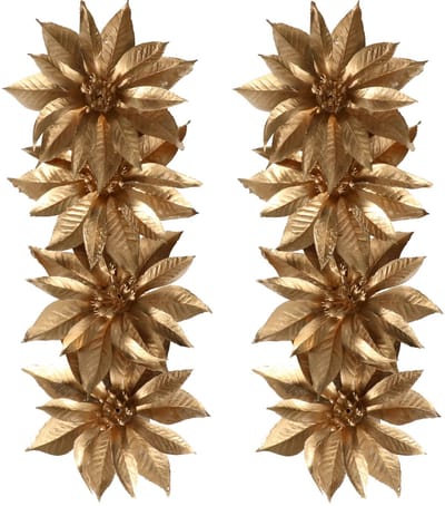 Decoratie bloemen - op clip - 8x - goud - 9,5 cm - kunststof - kerstbloemen - Kerstboom ornamenten