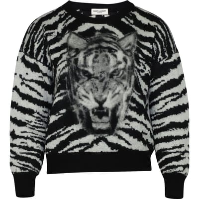 Saint Laurent Tiger Intarsia Trui in Zwart Mohair