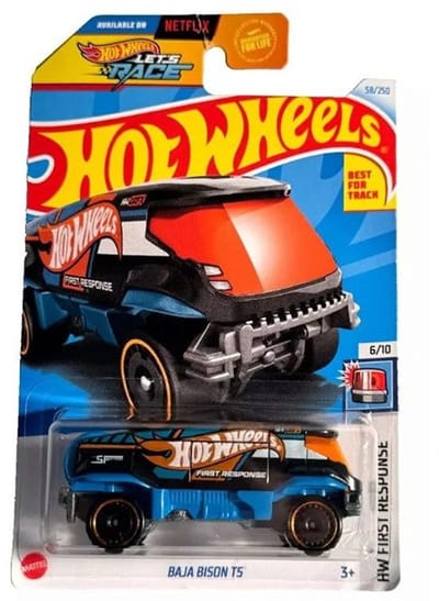 HOT WHEELS BAJA BISON T5 BLACK BLUE 67/250 HW FIRST RESPONSE 6/10 LONG CARD 2024 1:64 TRACK STARS NETFLIX LET'S DANCE