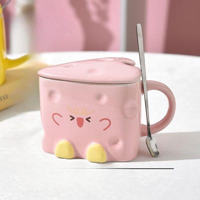Kaas Kaas Mok Meisjes Hoge Waarde Beker met Deksel en Lepel Keramiek Schattig Verjaardagscadeau Creatieve Waterbeker 400ml white