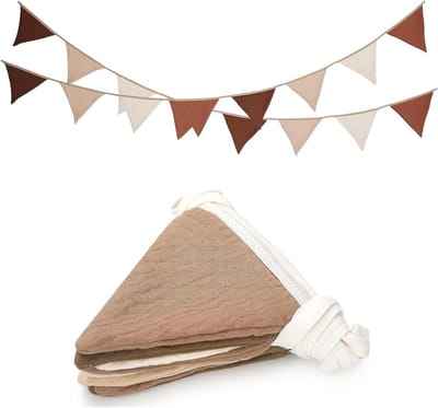 Dailygoods- Vlaggetjesslinger 3 meter - Koffiebruin - Driehoekige Vlaggen - Feestversiering Kinderkamer - Decoratie Verjaardag - Mousseline Materiaal