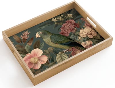 Dienblad hout 40x30 cm - Schootdienblad - Groene papegaai - Kleurrijke bloemen - Donkere achtergrond - Borrelplank rechthoek - Plateau dienbladen