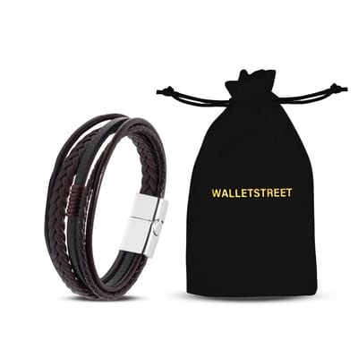 Walletstreet Armband Heren - Bruin Snoeren - Leer en RVS - Mannen Armbandje 21 cm-voor mannen en vrouwen-Kerstcadeau-Ideale geschenk