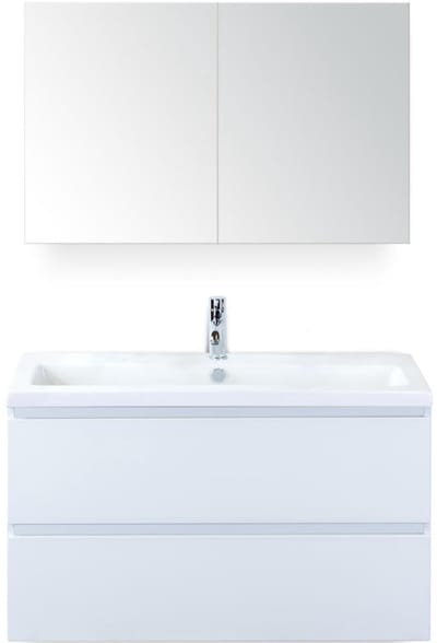 Vogue Badmeubelset 100 cm - Greeplijst in Kleur - Wit Hoogglans - Keramische Wastafel Wit 1 Kraangat met Spiegelkast