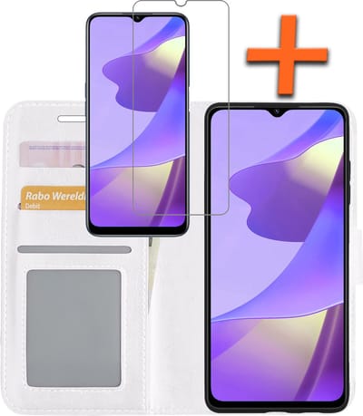 Hoes - Met Screenprotector - Geschikt voor OPPO A16 - Luxe Pasjeshouder - Bookcase Portemonee - Flip Case - Kunstleer Book Case - Flipcase - Book Cover - Walletcase - PortemonneeHoes - Wit