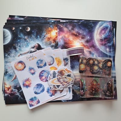 Galaxy ruimte journal set - stickers - papier - thema space - bullet journal stickers- washi tape - transparante stickers - scrapbook - knutsel bundel - hobbypakket - volwassenen en kinderen