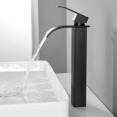 CECIPA Max Watervalkraan Wastafelkraan - Badkamerkraan - 24.5cm Hoge Uitloop - Warm & Koud - RVS - Opbouw - Badkamer Kraan - Waterbesparend - Mat zwart