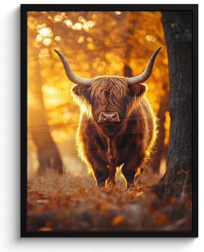 Poster in lijst - Fotolijst 50x70 cm - Posters - Schotse hooglander - Bos - Herfst - Dieren - Natuur - Bladeren - Posterlijst zwart - Decoratie - Wanddecoratie woonkamer - Muurdecoratie slaapkamer