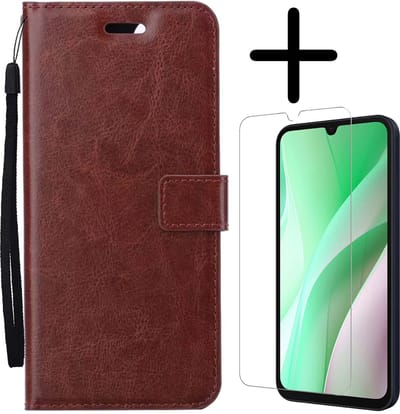 Hoesje Met Screenprotector - Geschikt voor Samsung Galaxy A15 - Luxe Pasjeshouder - Bookcase Portemonee - Flip Case - Kunstleer Book Case - Flipcase - Book Cover - Walletcase - Portemonneehoes - Bruin