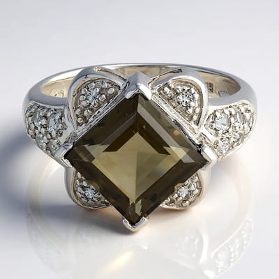 Cavill - 925 Sterling Zilver Ring met 3,11 Ct Rookkwarts Carré Braziliaans en 14 Witte Topazen - Elegant Vintage Design Zilveren Ring Maat 17