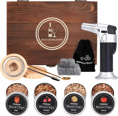 Bar Dedicated Cocktail Smoker Kit – All-in-One Whisky & Cocktail Smoker Set met 4 Houtsmaken, 8 Whiskey Stones, Torch & Premium Gift Box – Voor Gerookte Cocktails & Whiskey Lovers
