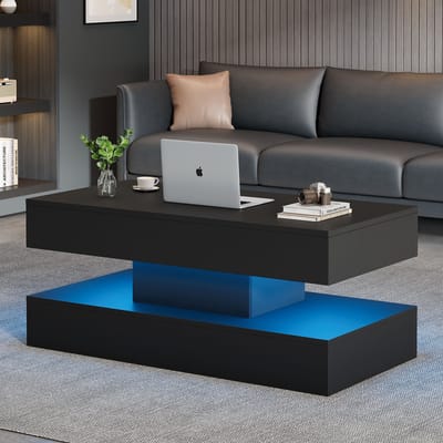 HAUSS SPOLE Salontafels - Rechthoekige Koffietafel Met Hydraulisch Liftblad En LED - Verborgen Opbergruimte En App-Bediening - Voor Woonkamer - Spaanplaat - Zwart - 100x50x42 cm