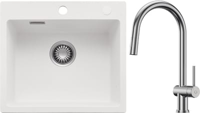 CECIPA max Spoelbak Keuken 40x45CM - Granieten spoelbakken Wit - Spoelbakken Keuken Met Keukenkraan Zilver - Enkele spoelbakken Incl. Sifon en Afvoerzeefje