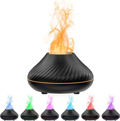 Aromatherapie luchtbevochtiger met vlamverneveling en een nachtlampje met 7 kleuren, werkt op USB en is geschikt voor thuis, op kantoor, in de slaapkamer en de kinderkamer (zwart).