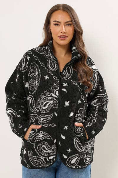 Yours Zwart Paisley Print Teddy Fleece Jack Size 42