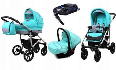 BabyLux® Kinderwagen 4in1 – LARGO - MINT SILVER FRAME - Opklapbare Wandelwagen incl. Reiswieg, Multifunctionele Buggy Sportstoel, Autostoel, ISOFIX basisstation - Combi-kinderwagen met Luiertas, Regenhoes, Klamboe