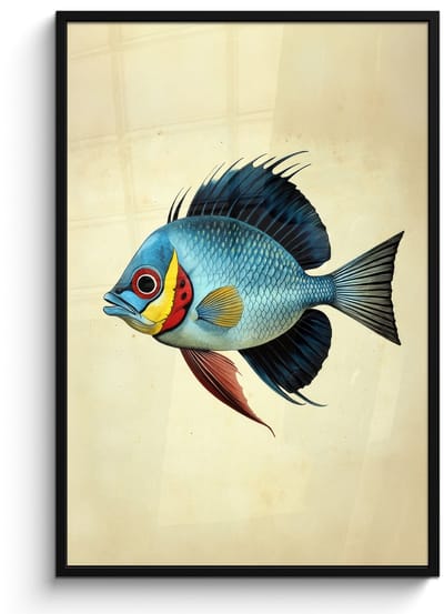 Poster in lijst - Fotolijst 80x120 cm - Posters - Blauw - Kieuwen - Vis - Illustratie - Posterlijst zwart - Decoratie - Wanddecoratie woonkamer - Muurdecoratie slaapkamer