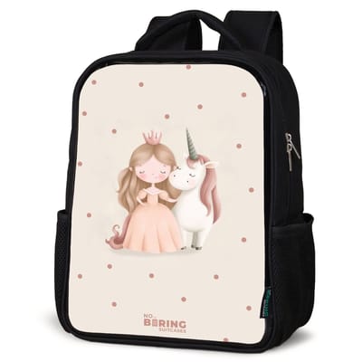 NoBoringSuitcases.com® - Rugzak zwart - Schooltas jongen & meisje - Prinses en een eenhoorn in pastel kleuren - Rugtas voor school - Boekentas kind - Schoolrugzak - Kinderrugzak