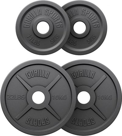 Gorilla Sports Halterschijven 30 kg - 2x5+2x10 kg - Gietijzer - Zwart - 50 mm - Gewicht
