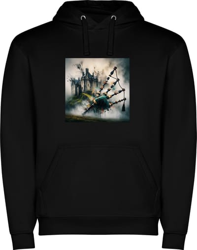 Zwarte unisex hoodie met “ Kleurrijke Doedelzak – Schotland – Ruig – Muziekinstrument – Kasteel “ Print Full Color merk Roly maat XXL
