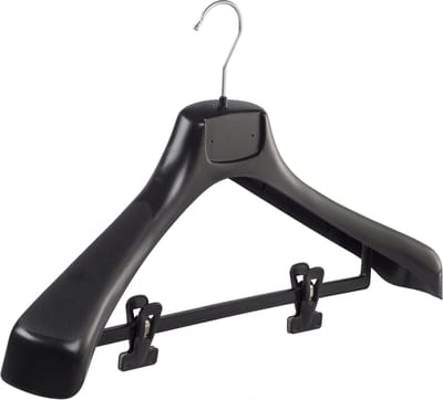 De Kledinghanger Gigant - Mantelhanger - Kostuumhanger - Jassenhanger - Volwassenen - ETR49 - 50 Stuks - Kunststof - Zwart - Gebogen Model - Schouderverbreding 7,4 cm - Anti-slip Knijpers - 49 cm - Kledinghanger - Kleerhanger - ETR-Serie