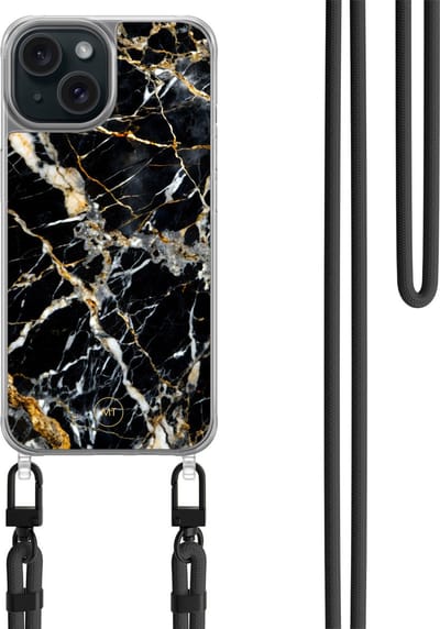 Hoesje met koord geschikt voor iPhone 14 - Black marble elegance - Inclusief zwart koord - Crossbody beschermhoes - Transparant, Zwart, Goud - Mooie Telefoonhoesjes