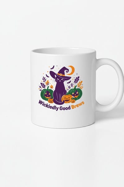 Wickedly Good Brews Halloween Mok - Koffiemok met Zwarte Kat en Pompoenen