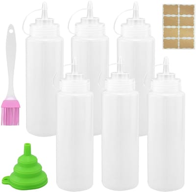 Dailygoods- Knijpfles 500 ml - Set van 6 - Herbruikbaar - Voedselveilige kunststof - Inclusief trechter en stickervel - Antilek ontwerp - Sauzenfles