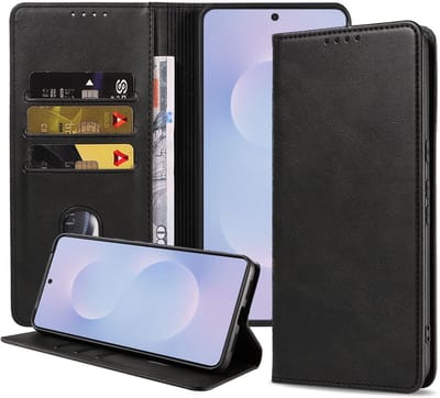 Geschikt voor Samsung Galaxy S25 Edge Telefoonhoesje Kunstleer met Magnetische sluiting en Pasjeshouder Bookcase met Klepje - Walletcase with Cardslot - Zwart - Smartphonica geschikt voor Samsung Galaxy S25 Edge