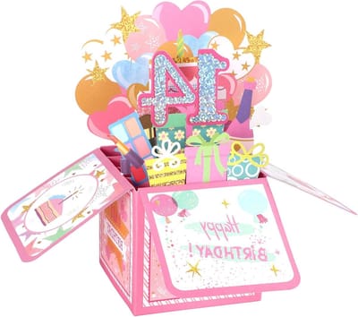 Vrolijke 14e Verjaardag Pop-up Kaart, Shiny 3D Kaart met Envelop en Groet, Schattige Verjaardagsdecoratie voor Meisjes met Gelukswensen van Ouders