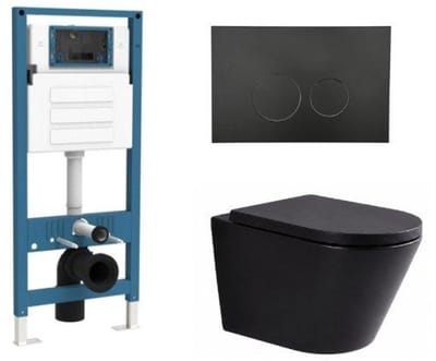 QeramiQ Dely Toiletset - inbouwreservoir Qeramiq Flush - 35mm zitting - kunststof mat zwarte bedieningsplaat - ronde knoppen - mat zwart