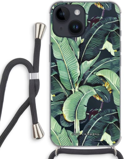 Case Company® - Hoesje met koord geschikt voor iPhone 14 hoesje met Koord - Bananenbladeren - Telefoonhoesje met Zwart Koord - Bescherming aan alle Kanten en Over de Schermrand