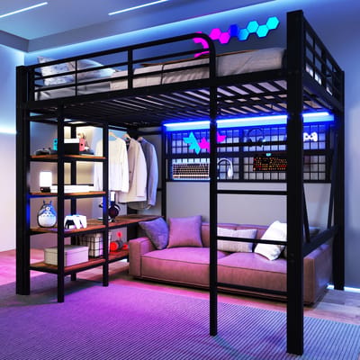 Hoogslaper - 140x200 cm - Met Opbergvak En Kledingstang - LED Strip En Hangnet - Zonder Matras - Metaal - Zwart