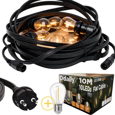 Odaily Platte Prikkabel - 10 Meter - 10 LED Lampen - Warm Wit - IP65 Lichtsnoer - Horeca Kwaliteit
