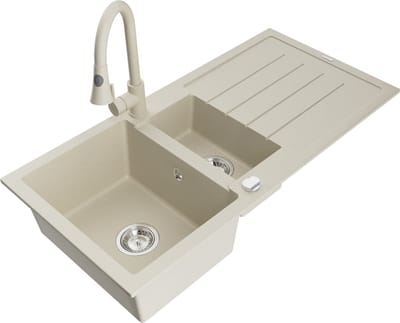 Mexen Andres granieten gootsteen 1,5-kamer met afdruiprek en keukenmengkraan Elia, beige - 6515-69-670101-69