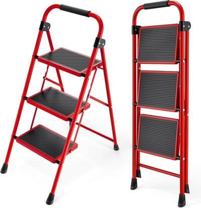 Opvouwbare Trapladder - Stevige Opstapladder - Huishoudelijk Gebruik - Antislip Brede Treden - 3 Treden Met Handgreep - Rood