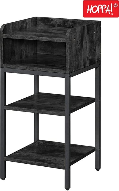 Hoppa! | Nachtkastje | Hoog met Open Vak en 2 Legplanken | Vintage Zwart | 35 x 35 x 70 cm (B x D x H)