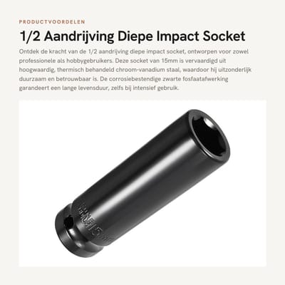 Dailygoods- Impact Socket Diep - 1/2 Aandrijving - 15mm - 6-Punt - Chroom-Vanadiumstaal - Corrosiebestendige Afwerking - Dopsleutel