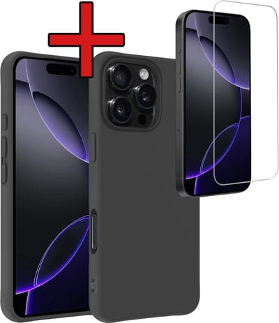 Hoesje - Met Screenprotector - Geschikt voor Apple iPhone 16 Pro - Sterk & Shockproof - Telefoon Hoes - Back Cover - Siliconen Case - Telefoonhoes - Zwart