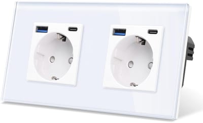 Glazen schuko-contactdoos met USB-poorten type-C en type-A - Dubbel inbouwstopcontact met glazen frame