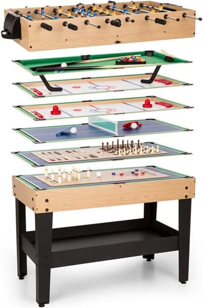OneConcept Game-Star - Speeltafel, Multifunctionele tafel, Biljarttafel, In hoogte verstelbare tafelpoten, Afmetingen: ca. 105 x 71 x 58 cm (BxHxD), Tafelvoetbal incl. 37 verschillende spellen, zwart