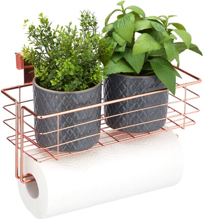 Hangmand metaal, keukenrolhouder, opbergmandje voor badkamer & keuken, draadmand: 18x31x17 cm, koperkleur