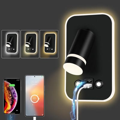 Oplaadbare LED Wandlamp met USB-Poort - 3 Kleuren & 350° Draaibaar - Zwart Rechthoekig Model