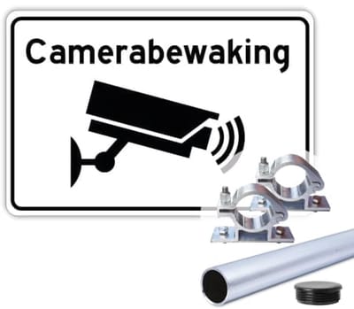 Camerabewaking bord - Weerbestendig Aluminium - 40x60 cm - Bevestiging: Met paal 150 cm + paalbeugels + paaldop