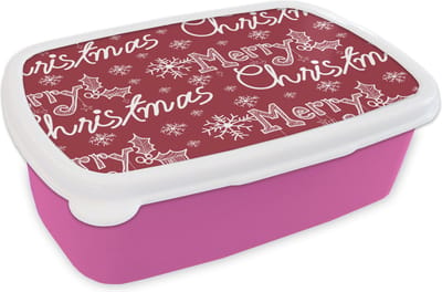 Broodtrommel Roze - Lunchbox - Brooddoos - Patronen - Sneeuw - Kerst - Quotes - 18x12x6 cm - Kinderen - Meisje